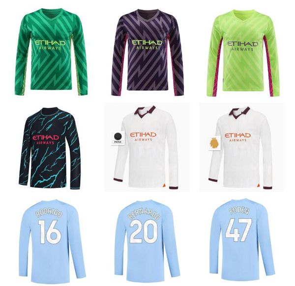 

long sleeve grealish de bruyne soccer jerseys manchesters 23 24 mans cities gundogan alvarez mahrez bernardo foden haaland 2023 2024 footbal, Black;yellow
