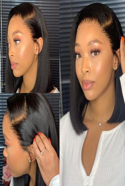 

short bob lace front brazilian human hair wigs for black women pre plucked 13x4 synthetic straight hd full frontal closure wig9999863