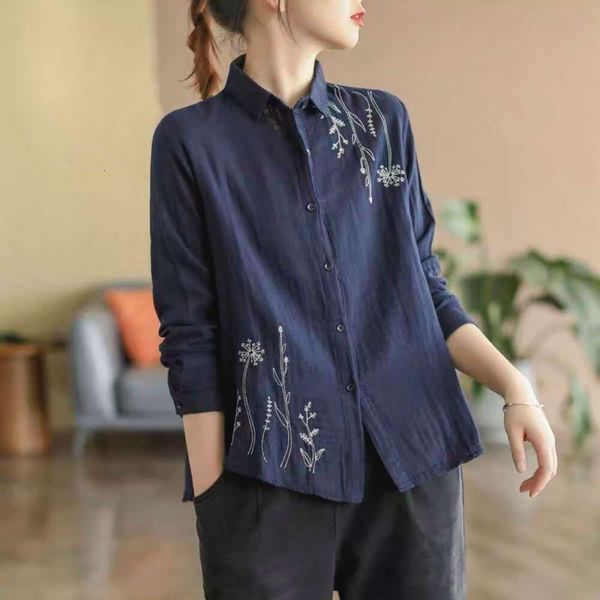 

spring and summer womens blouses artistic retro embroidered cotton linen shirt large size loose slimming long, White