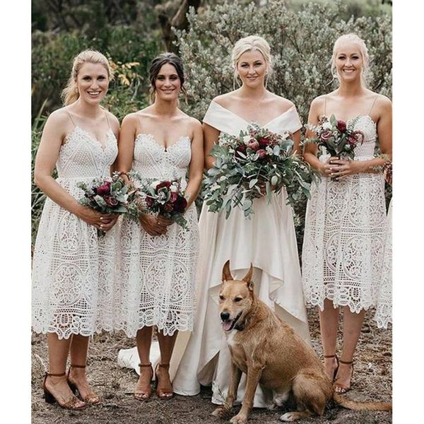 

fall country lace bridesmaid dresses v neck tea length wedding guest wear party dresses vestidos cortos for special occasions, White;pink