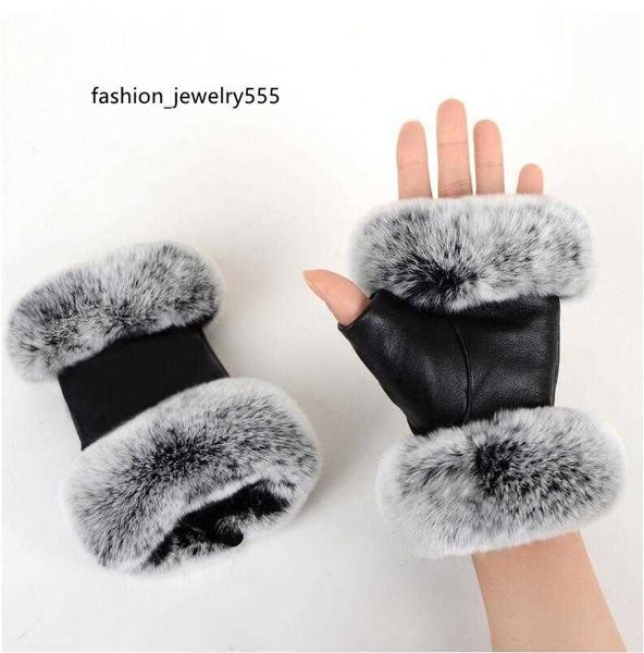 

five fingers gloves outdoor autumn and winter women' sheepskin gloves rex rabbit fur mouth half-cut computer typing foreign trade leat, Blue;gray