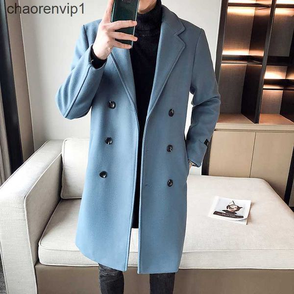 

men's wool blends men winter thick warm trench coat double breasted wool coats luxury business long slim fit male trench jacket overcoa, Black