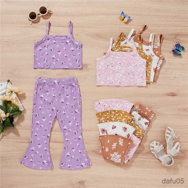 

clothing sets colors lovely children girls summer clothes toddler kids girls ribbed flower sleeveless tanks +flare pants casual outfits r230, White