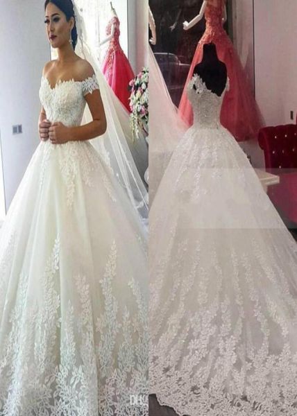 

2019 ball gown wedding dresses plus size lace off shoulder bridal gowns custom lace appliques sweep train bohemian wedding dress2546987, White