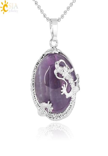 

csja flat natural stone cabochons bead necklace dragon wrapped rock pendant for men women pink quartz tiger eye mascot amulet jewe6380240, Silver