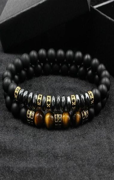 

2pcsset brand fashion pave cz men bracelet 8mm matte beads with hematite bead diy charm for wrist strap accessories gift valentin65547640, Golden;silver