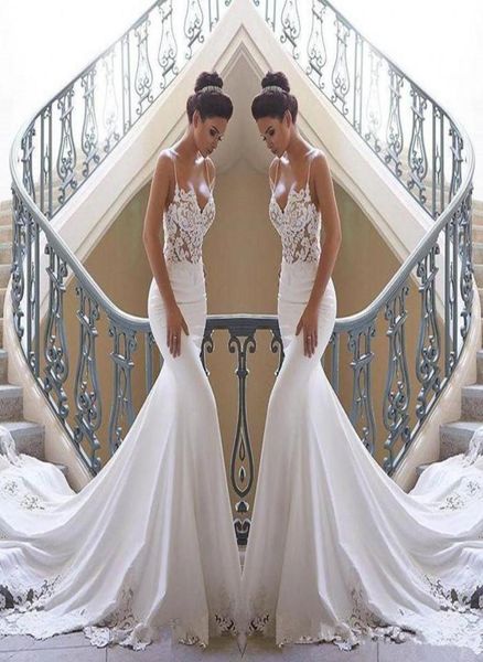 

2019 new spaghetti straps lace mermaid beach wedding dresses satin lace applique sweep train boho wedding bridal gowns robes de ma9849189, White