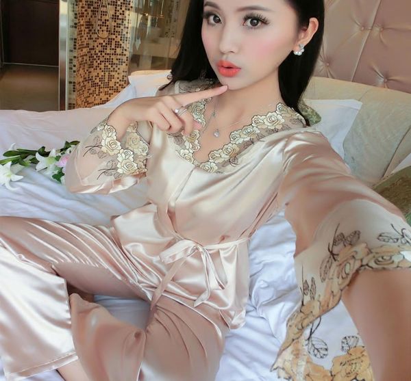 

whole 2017 new satin silk pajamas long sleeve female spring autumn cute embroidery big size sleepwear ladies lingerie ni8561064, Black;red