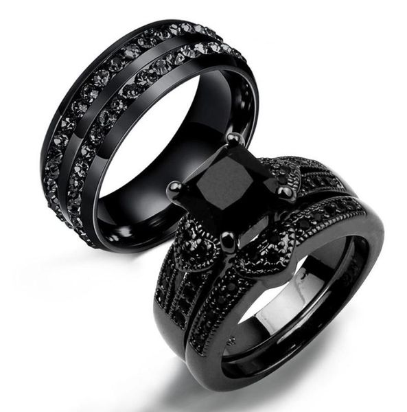 

classic mens womens couple rings black zirconia stone square wedding engagement finger band aliance de mariage gift cluster1327575, Golden;silver