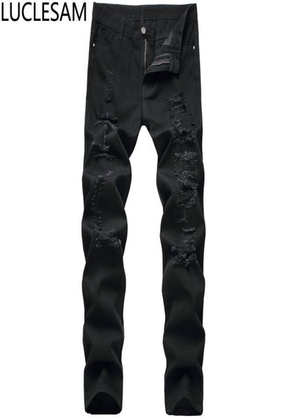 

mens distressed jeans male ripped hole straight denim pants hip hop streetwear high waist trousers men black vintage casual jean2387140, Blue