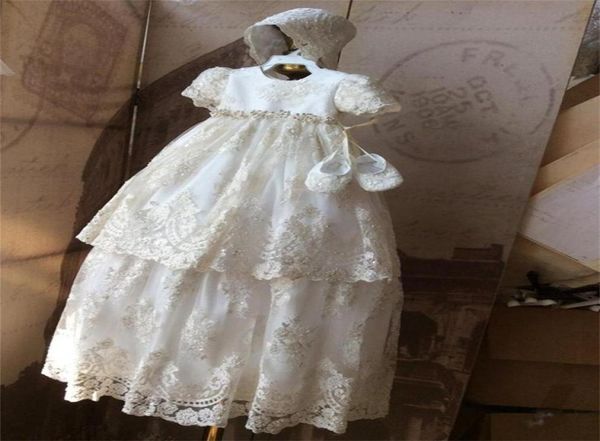 

vintage lace christening gowns for baby girls short sleeves appliqued beads baptism dresses with bonnet first communication dress28011776, White
