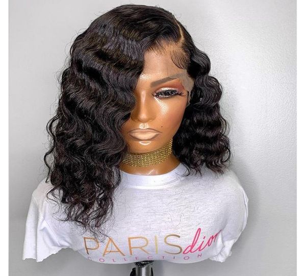 

brazilian 12inch 180density natural wave short bob wig black color middle part glueless synthetic lace front wigs remy soft fiber2544912, Black;brown