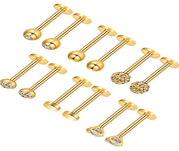 

316l crystal rhinestone nose ring ear studs tongue nail labret stainless steel body piercing jewelry gifts 12pcslot1598467, Golden;silver