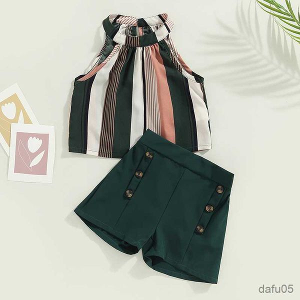 

clothing sets children summer clothing sets baby girls sleeveless striped print halter tank +elastic waist button shorts casual outfits r230, White