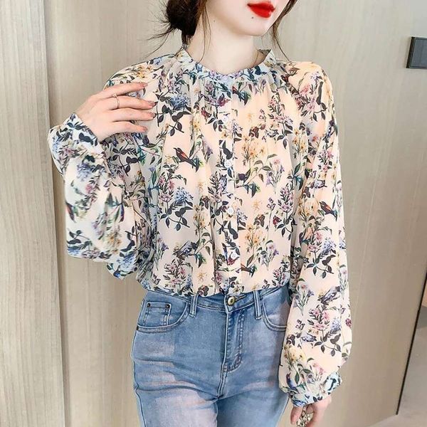 

autumn style korean all matching printed shirt lantern sleeve long sleeved womens top, White