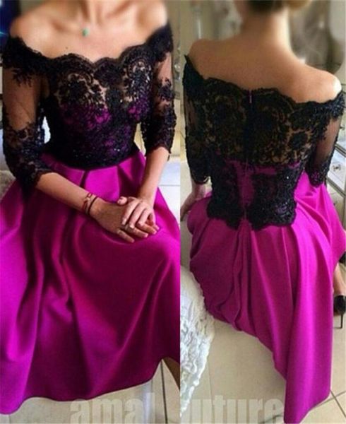 

off the shoulder black and purple aline 34 sleeves prom dress illusion back matte satin evening dress vestidos cortos de fiesta1311526