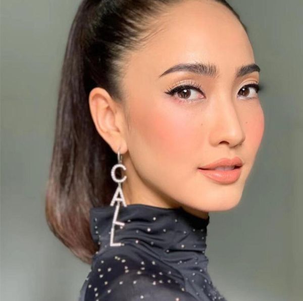 

fashion shiny rhinestone call me letters pendant dangle earrings for women jewelry novelty statement earrings accessories2521790, Silver