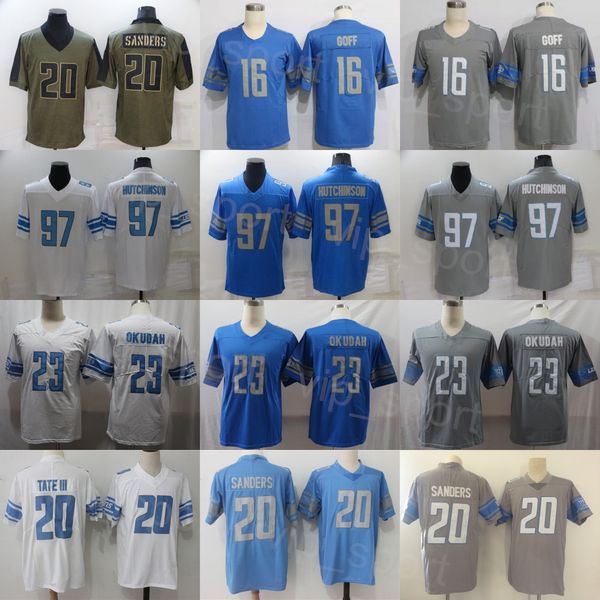 

mans football 97 aidan hutchinson jersey 20 barry sanders 16 jared goff uniform team color blue white grey salute to service vapor untouchab, Black;red