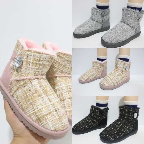 

paris x australia rhinestone button mini boots for infant kids suede tweed fur booties boy girl winter shoes shearling wgg aus short ankle b, Black