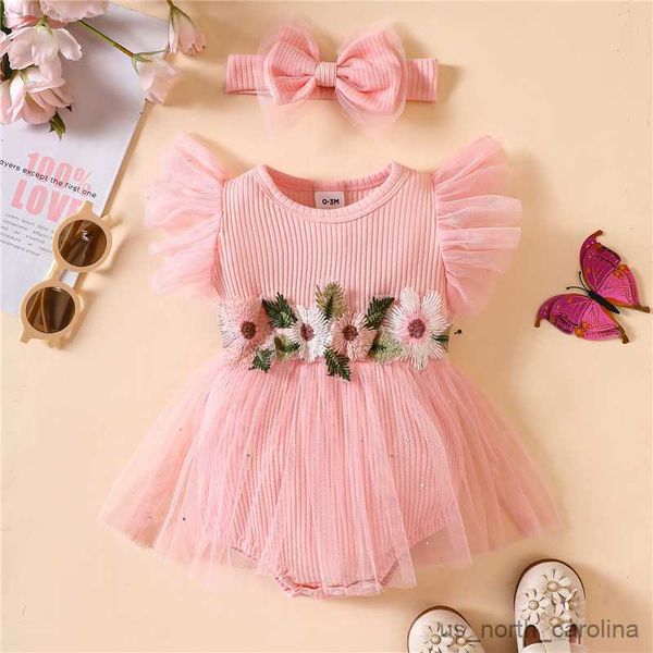 

girl's dresses newborn infant girl romper dress flower embroidery rib knit tulle skirt hem jumpsuits baby clothing with headband outfit, Red;yellow