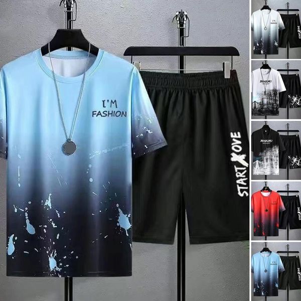 

mens tracksuits 2pcsset oneck short sleeve elastic waistband casual outfit pockets ice silk men gradient color letter print tshirt wide leg, Gray