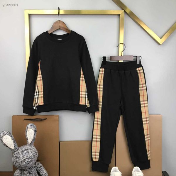 

luxury designer tracksuits kids autumn sets size 100-160 cm 2pcs long sleeved round neck sweater with patchwork design and plaid pants july2, White