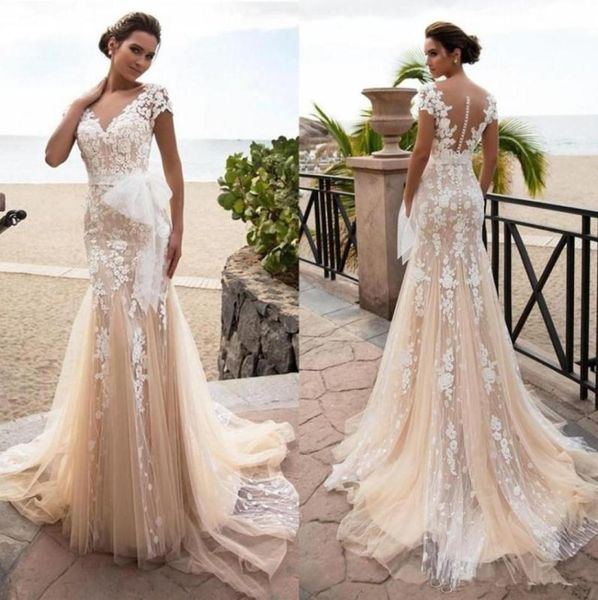 

2020 3d floral lace champagne wedding dresses mermaid appliqued sheer v neck bridal gown cap sleeves bow tulle button back ve1508616, White
