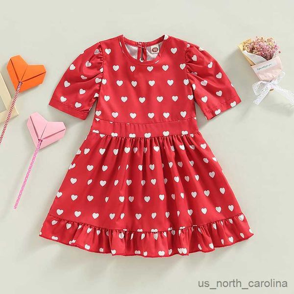 

girl's dresses kid girl birthday valentines day dresses short sleeve round neck ruffle heart print casual high waist dress r230815, Red;yellow