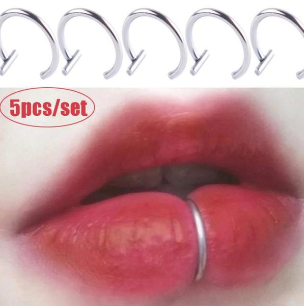

5pcs lip rings neutral punk cshaped lips clip fake piercing jewelry diaphragm with perforated hoop80734723067776, Black