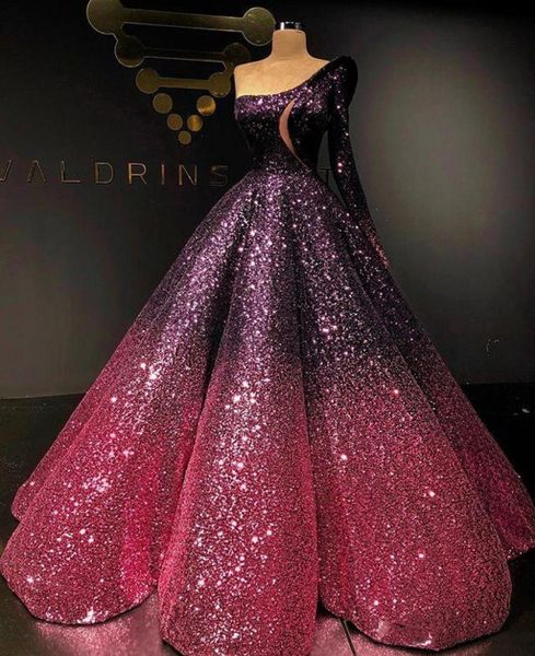 

arabic ball gown evening dresses one shoulder long sleeve formal women party gowns gradient sequins4075560, Black;red