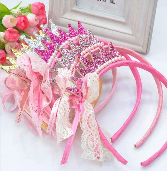 

new 2016 girls hair bands pearls resin diamond lace bow ribbon crown princess children accessories hair accessories hair band5558918, Slivery;white