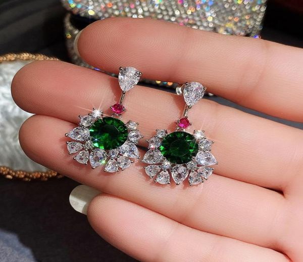 

1pair fashion flower dangle 925 silver jewelry green clear cubic zircon women wedding bridal stud earring lover gift accessory7390827, Golden;silver