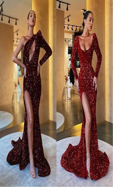

2021 sparkly split side prom dresses one shoulder sequined long sleeves evening gowns hollow out bling celebrity dress4466019, Black