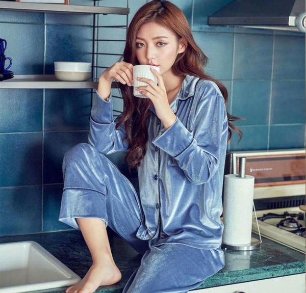 

2pcslot autumn winter women pajamas sets satin velvet warm homewear pijama pyjamas suit for women cx2006281634513, Red;black