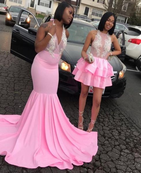 

ab two style pink prom dresses 2019 new mermaid beading lace open back formal evening dress short piece illusion party gowns cust4283071, Black