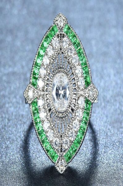 

female male antique 925 silver big wide rings for women men green stone white zircon wedding bands turkish jewelry emerald ring1884037, Golden;silver