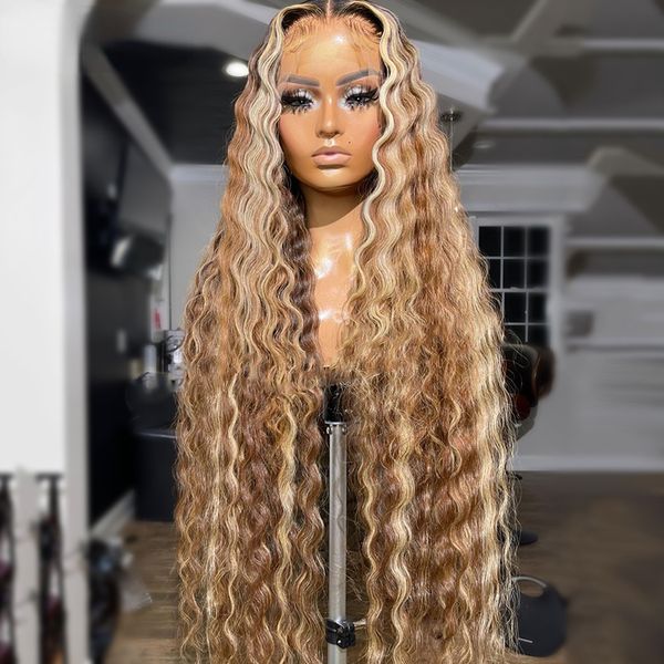 

40inches Long Brazilian Hair Highlight Brown Blonde Deep Wave Lace Frontal Wig Pre-Plucked Honey Blonde Lace Front Wigs For Women Synthetic Heat Resistant Mixed, Orange color