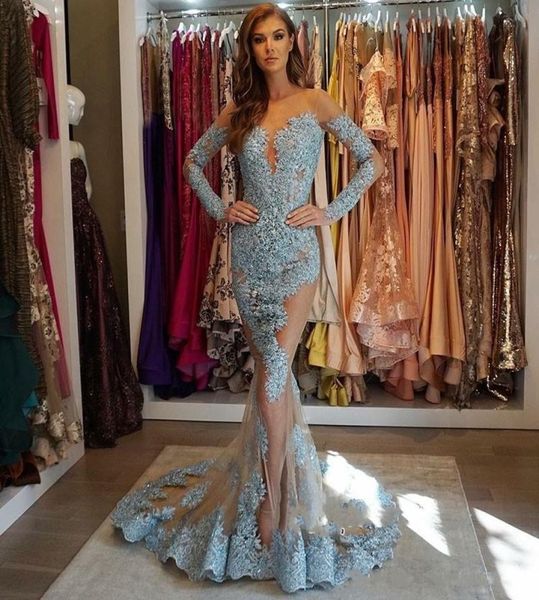 

mermaid prom dresses long sleeves sheer neck see through sweep train evening gowns lace applique formal dress ogstuff robes d4194637, Black