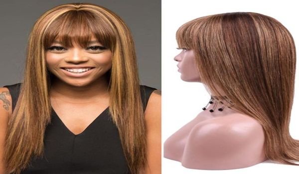 

26inch highlight human hair wigs with bangs straight colored brown blonde brazilian hair wigs for women full machine wig10855872822441, Black