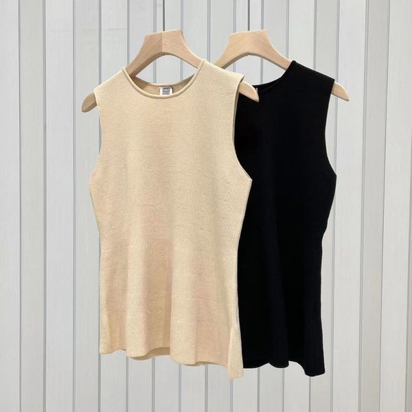 

toteme fit ruffle round neck knit tank for women, Black;brown