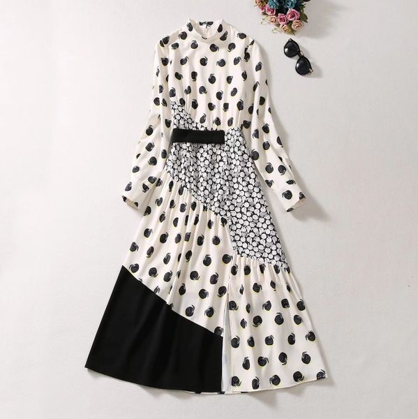 

european and american women's clothing 2023 autumn new stand collar long-sleeved polka dot print fashion dress xxl, Black;gray