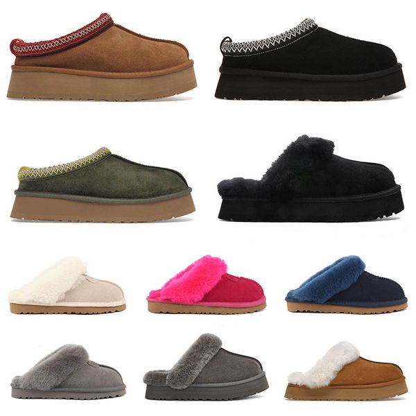 

2023 women tasman slippers chestnut fur slides sheepskin shearling tazz slides new mules ultra mini platform boots slip-on shoes suede upper, Black