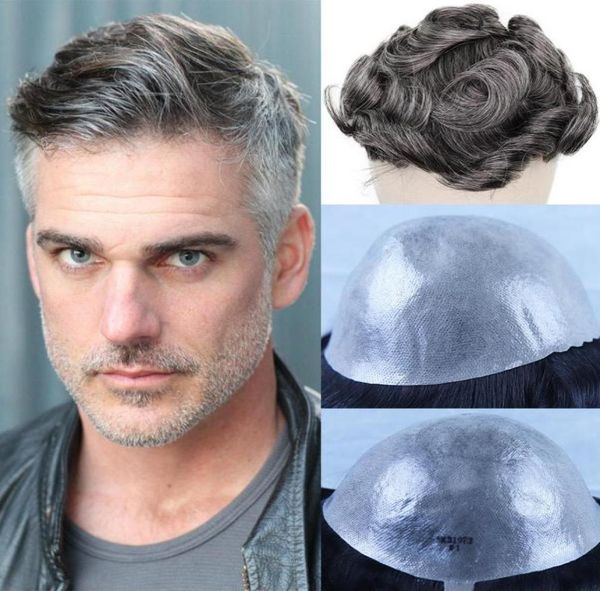 

durable wigs for man brown mixed grey human remy hair skin pu thin pu natural men toupee hairpieces replacement system6296704, Black
