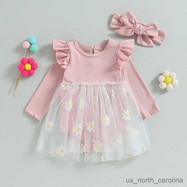 

girl's dresses newborn infant baby girls autumn romper dress long sleeve ruffle floral embroidery mesh princess clothes with headband r, Red;yellow