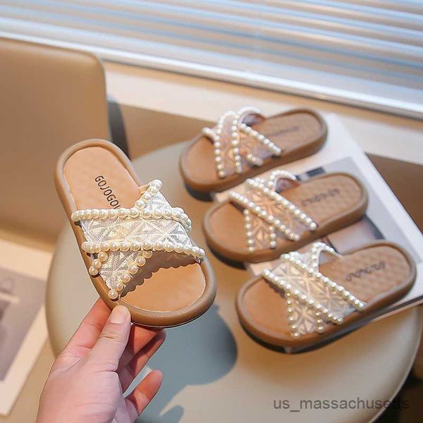 

slipper girls pearls slipper open-toe children summer cross beach shoes fashion kids flat retro princess shoes elegant soft 2023 new r230815, Black;grey