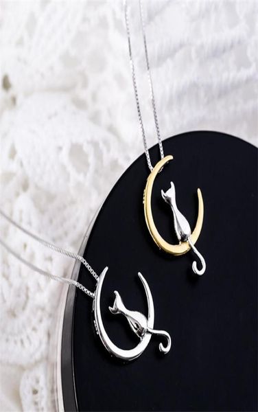 

fashion cute animal cat moon pendant necklace lucky kitten pet jewelry for women gift charm silver color box chain necklace1552548