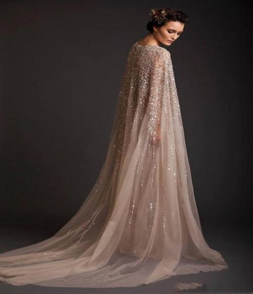 

luxury sparkling beadeding evening dresses cap sleeve crew sequins tulle lady party gowns fashion prom dress with cape custom made1134218, Black;red