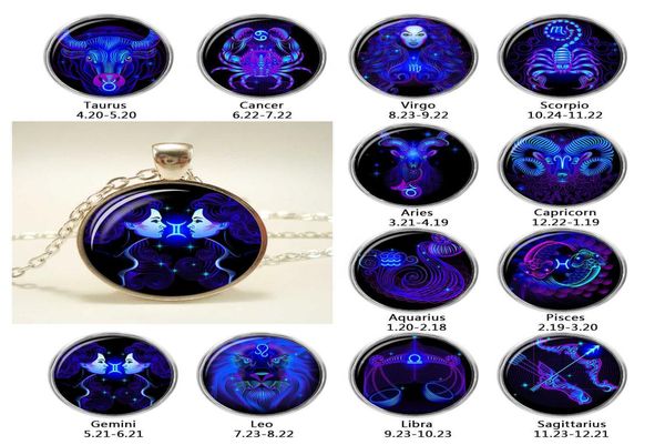 

new fashion 12 constellation design zodiac sign horoscope astrology glass cabochon pendant necklace for women men9907464, Silver