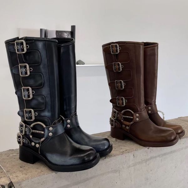 

harness belt buckled cowhide leather biker knee boots chunky heel zip knight boots fashion square toe ankle booties for women luxury designe, Black