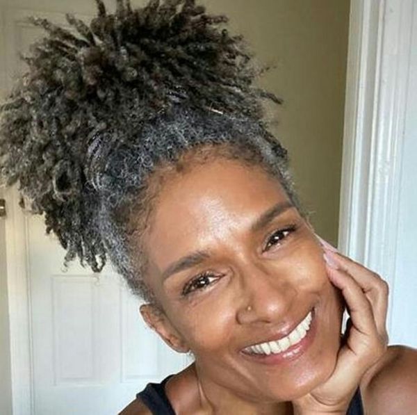 

kinky curly grey human hair puff drawstring ponytail clip in silver hair ombre brown pony tail updo women afro gray hair extension4630559, Black